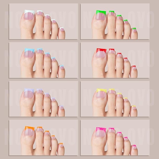 NOVO OVO French Tip Toe Nail Tips 8 MIXED SUMMER COLOR, Sharp Square Soft Gel False Toenail Extension, Need Builder Gel & Top Coat, no Glue Included, Full Cover Acrylic for DIY x 15 Sizes 240 pcs