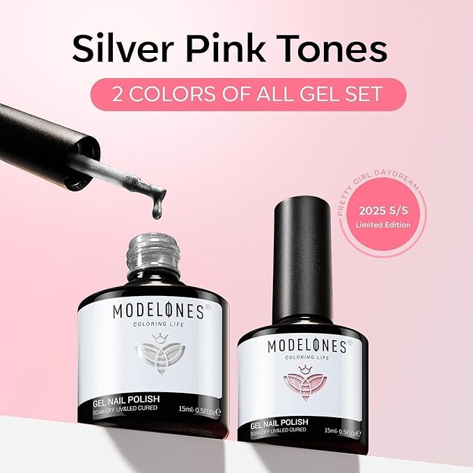 modelones Heart Cat Eye Gel Nail Polish, 2 PCS 15ML Pink Sliver Holographic 9D Cat Eye Glitter Multichrome Silver Pink Shades Polish with Magnet Soak Off Led Nail Art Gel DIY Salon Gift