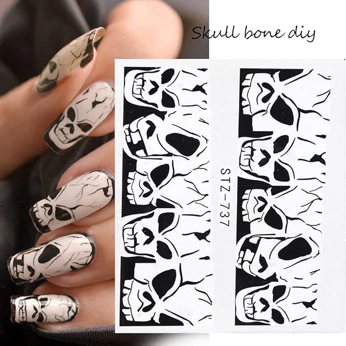 25 Sheets Halloween Water Transfer Nail Stickers Nail Art Decals,10 Sheets Punk Skull Nails Foil Transfer Stickers,Grimace Skull Eye Spider DIY Decals for Halloween Party(35 Pcs)
