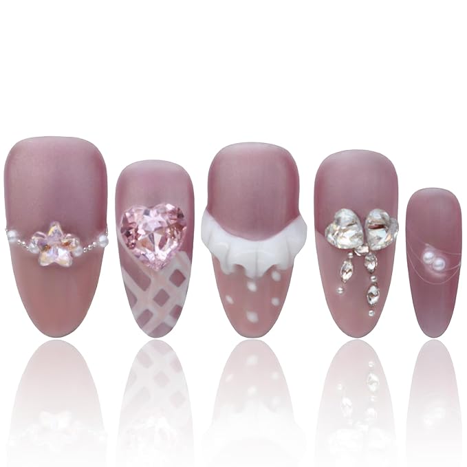 Handmade Nails Medium Pink Almond Press On Nails Press On Women Gifts 3D French Tip Press On Nails Stick On Nails For Women COOLYOUNG 15 PCS, Size S