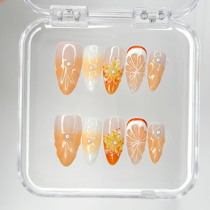 Luxury Press on Nails Medium Almond Handmade 3D Unique Reusable ABS Material Fake Nails Orange False Nails with Designs Pearls Floral Art Petal Glossy Glue on Nails Thick Acrylic Nails(S)