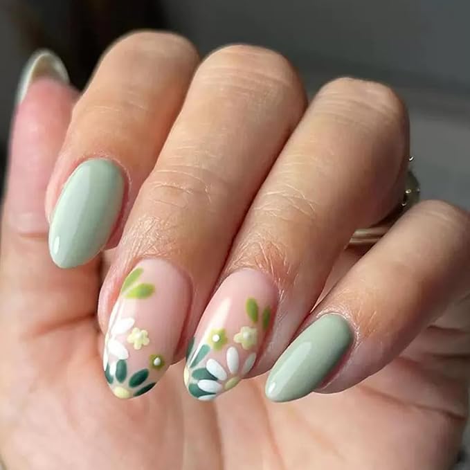 6 Packs (144 Pcs) Flower Press on Nails Medium Almond Fake Nails French Tip False Nails with Designs Spring Summer Floral Glue on Nail Full Cover Glossy Acrylic Stick on Nail for Women Manicure