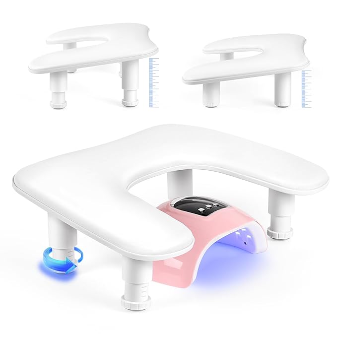 Manicure Arm Rest for Nails Tech: U-shaped Adjustable Nail Armrest - White PU Leather Hand Stand Rest for Manicurists