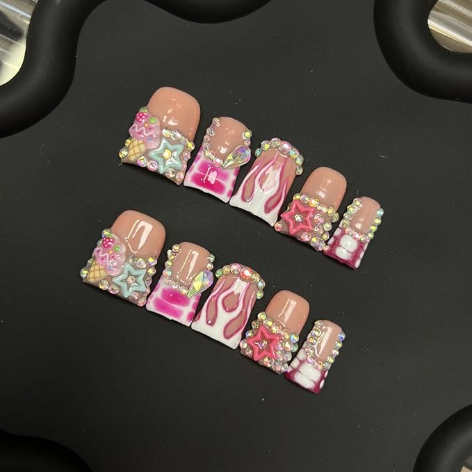 Handmade Press on Nails Short Duck 3D Rhinestones French Tip Thick Acrylic Fake Nails Pink False Nails with Cute Stars Ice Cream Designs Muti-Layer Gel Stick on Nail Art Press on Nail for Women（M)