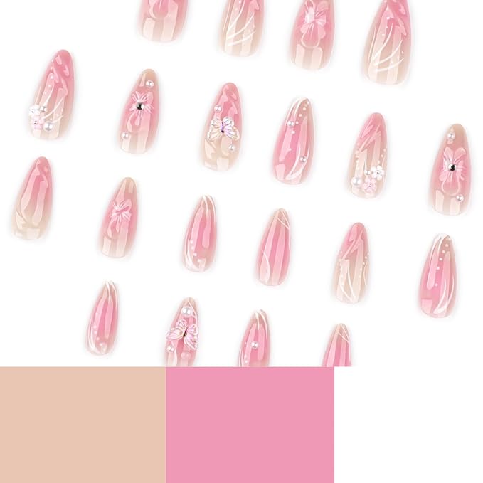 Almond Press on Nails Medium Fake Nails Pink False Nails Ombre Artificial Nails Cute Nails with 3D Flowers Designs PearlStick on Nails for Women 24pcs