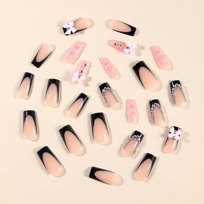 Black French tips Press on Nails Pink Long Square Fake Nails with 3D Bow Charms Design Rhinestone Glue on Nails Glossy Reusable Spring Summer Nails for Women Girls Manicure 24pcs