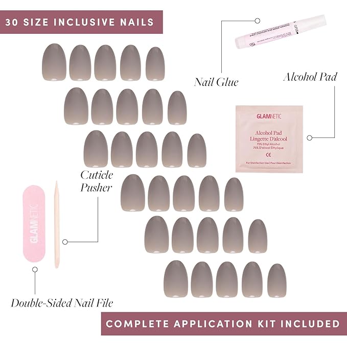 Glamnetic Press On Nails - Pure Gray | Opaque Light Gray Short Oval Fake Nails, Salon Quality | 15 Sizes - 30 Nail Kit