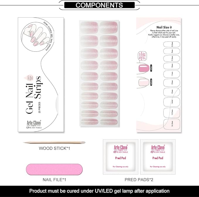Arte Clavo Semi Cured Gel Nail Strips, 20 Pcs Gel Nail Stickers with UV Light Required, Salon Quality, Long Lasting, Easy Apply and Remove (Nude Glitter Cat Eye)