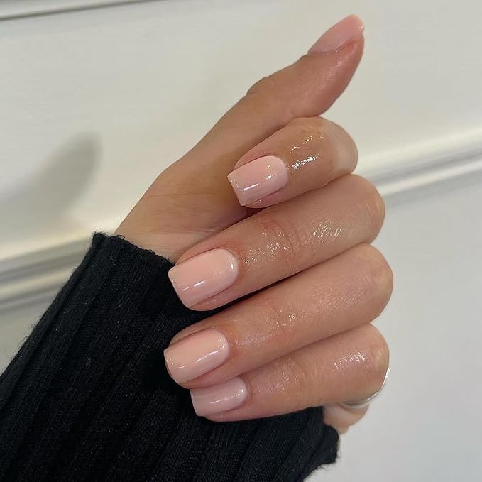 Nude Press on Nails Short Square, Natural Gel Glue on Acrylic, 48Pcs Thick Reusable Fake for Women, Coffin Artificial New Solid Color