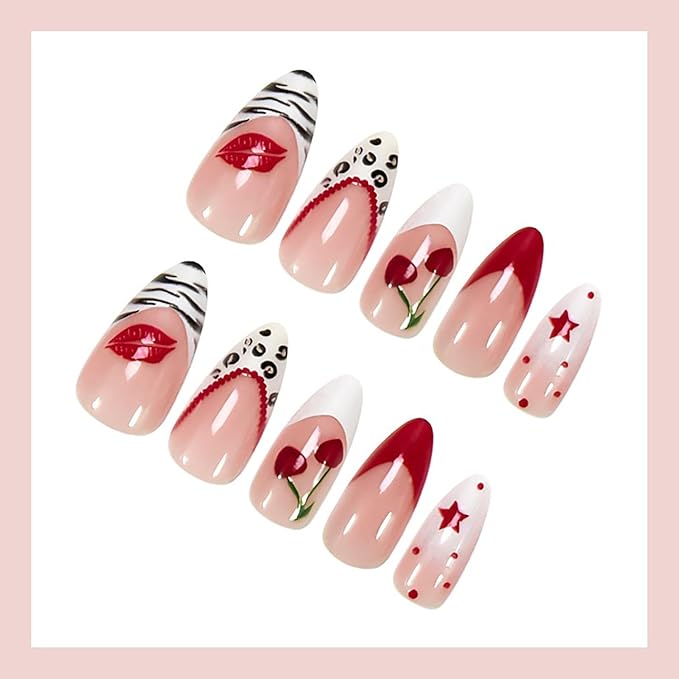 Press on Nails Medium Almond MABKJLF French Tip Fake Nails False Nails with Cherry Stars Zebra Leopard Print Polka Dots Designs Glossy Glue on Nail Full Cover Acrylic Nails for Women Girls 24Pcs