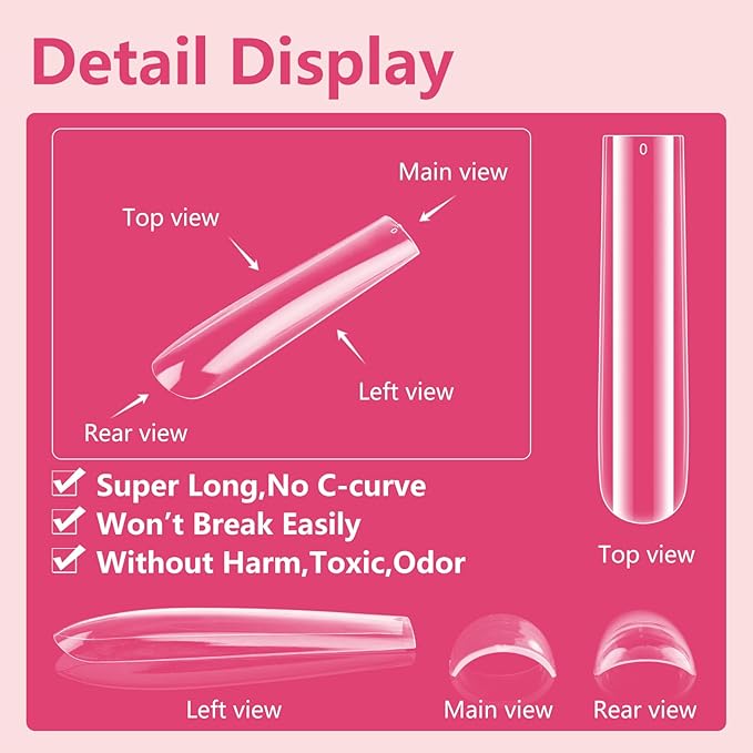 Quaferen Clear Square Nail Tips, 504Pcs XXXL Extra Long Tapered Square Straight Acrylic Nail Tips, Full Cover No C Curve Gel False Nail Extension Tips for Nail Art