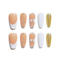 Sun&Beam Nails Handmade Press-on Medium Coffin Ballerina Nude Beige Gold White French Rhinestone Design Fashion False Nail Tips 10 Pcs Set (#179 XS)