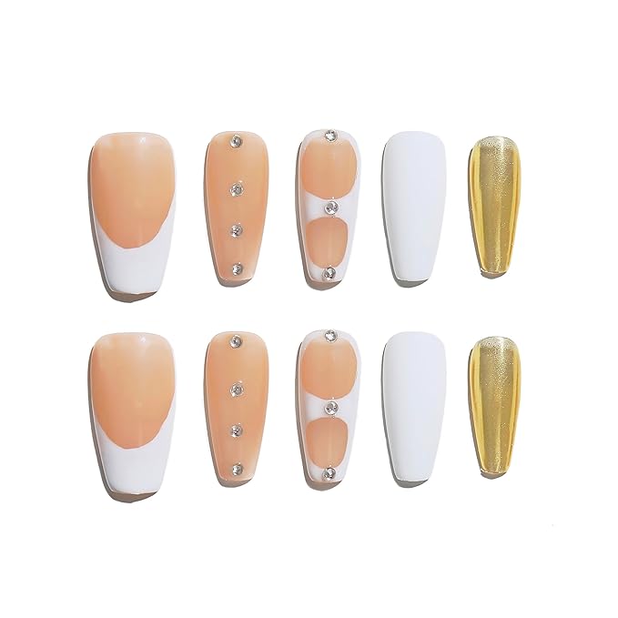 Sun&Beam Nails Handmade Press-on Medium Coffin Ballerina Nude Beige Gold White French Rhinestone Design Fashion False Nail Tips 10 Pcs Set (#179 S)