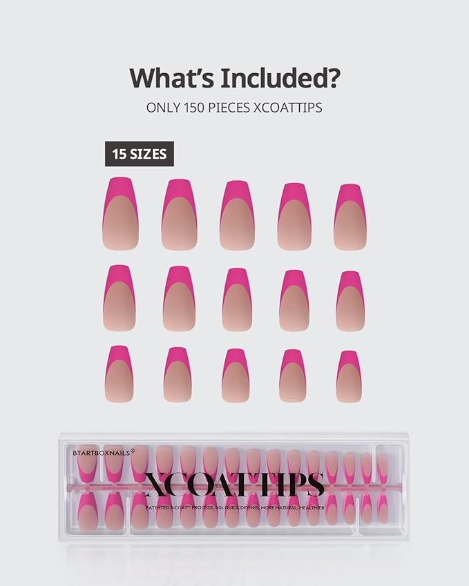 BTArtboxnails XCOATTIPS Pink French Tip Press On Nails - Coffin Press On Nails Medium, Soft Gel Nail Tips, Soak Off Brown Acrylic Fake Nail Extension in 15 Sizes