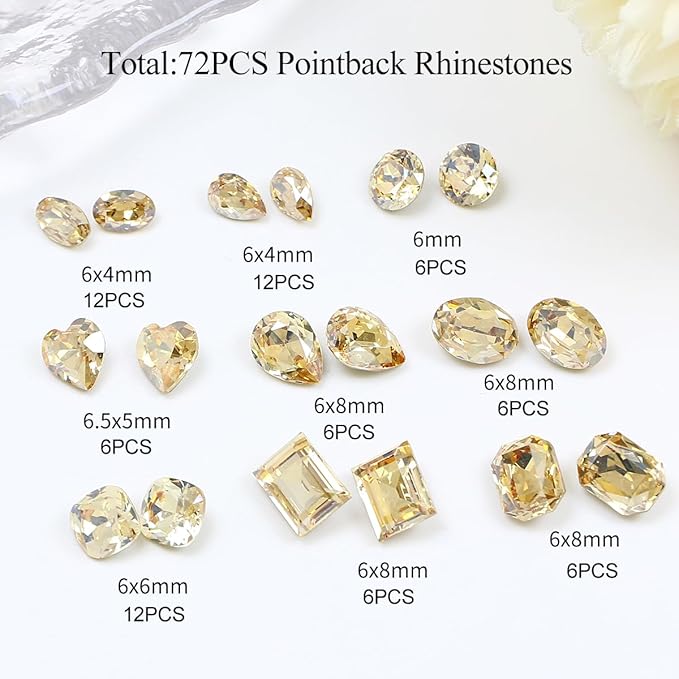 DONGZHOU 72pcs Mix Shape Nail Art Rhinestone,7 Styles Glass Nail Rhinestones Pointback Nail Gems Shiny 3D Nail Charms for Nail DIY Decorations Crafts,Golden Shadow