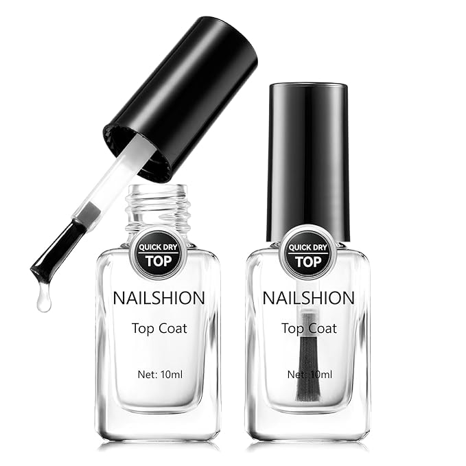 Clear Nail Polish Glossy Top Coat, 2 Pack Quick Air Dry Regular Nail Polishes, High Shine Finish Long-Lasting Color Protection No Chip Vegan Hema-free Non-gel Salon Nail Art Essentials