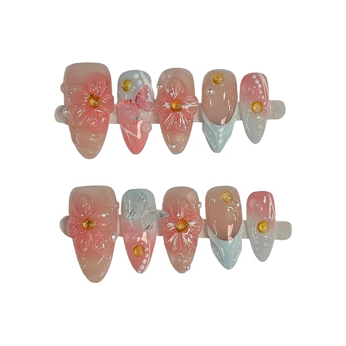Flower Press on Nails Pink Blue Gradient Medium Almond Fake Nails with 3D Floral Butterfly Pearl Design Handmade Press on Nails French False Nail Muti-Layer Gel Acrylic Nail for Women (Size M)
