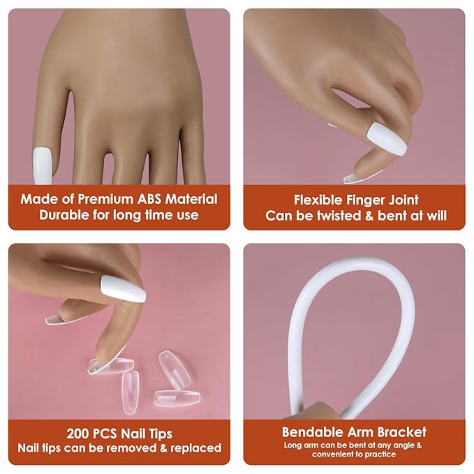 Acrylic Practice Hand Fake Nails Kit, BORNBYME Upgrade Nail Training Adjustable Finger Kits, Fake Nails Hands for Nail Beginner Practice with 200 PCS Nail Tips, White