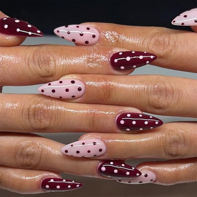 Polka Dot Press on Nails Medium Almond Fake Nails Pink False Nails Press ons with Designs Acrylic Glossy Full Cover Cute Glue on Nails Reusable Artificial Stick on Nail for Women Manicure 24 Pcs