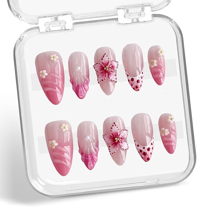 Flower Press on Nails Medium Almond Handmade 3D Water Ripple Pearl False Nails with Designs Luxury Handmade on Nails Floral Embossed French Tip Fake Nail Art Glossy Thick Acrylic Nails (Size S)