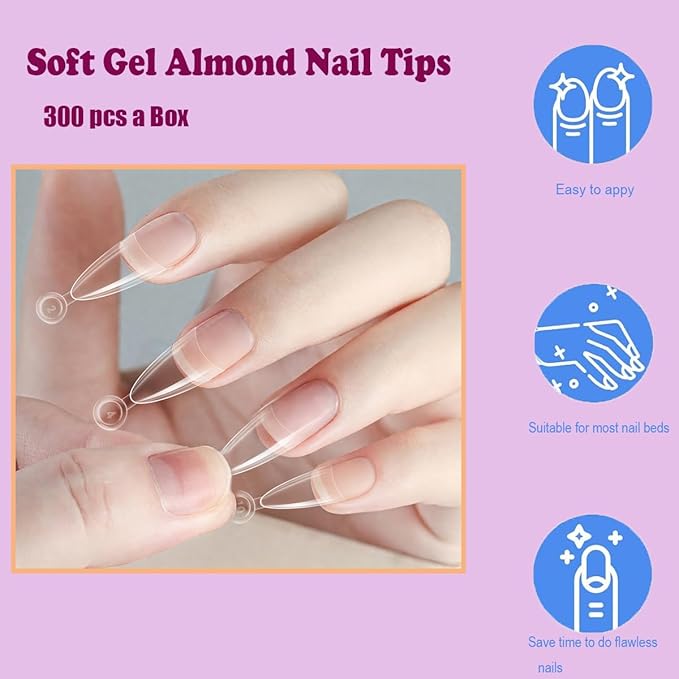 Almond Nail Tips,300PCS Almond Press On Nails Short Fake Nails Tips,Soft Gel Nail Tips Shape Acrylic Nails For Valentines Day Gifts -12 Sizes Acrylic Press On Nail Valentines Gifts for Her