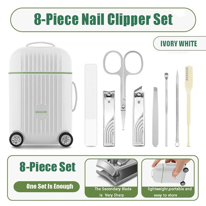 Manicure Set 8 in 1 Stainless Steel, Nail Clippers Scissors Pedicure Tools Kit - Portable Travel Grooming Kit for Men and Women with Mini travel box packaging (WHITE)