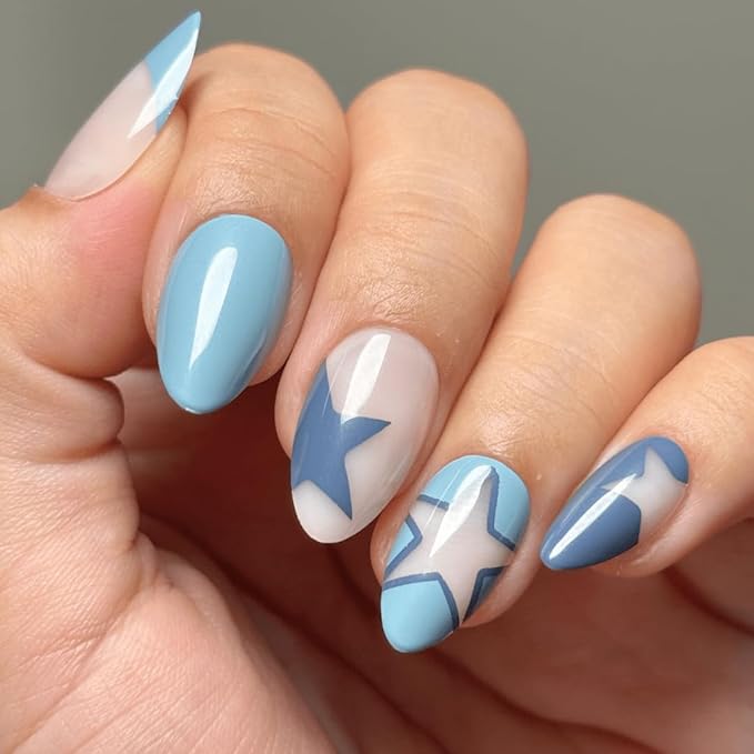 Maniology Press-On Nails Supernova | Short Almond Shape Nail Tips – Light Blue Colored Star-Themed Design, Reusable, Durable & Easy Application, 30-Piece 15 Sizes False Nails Kit