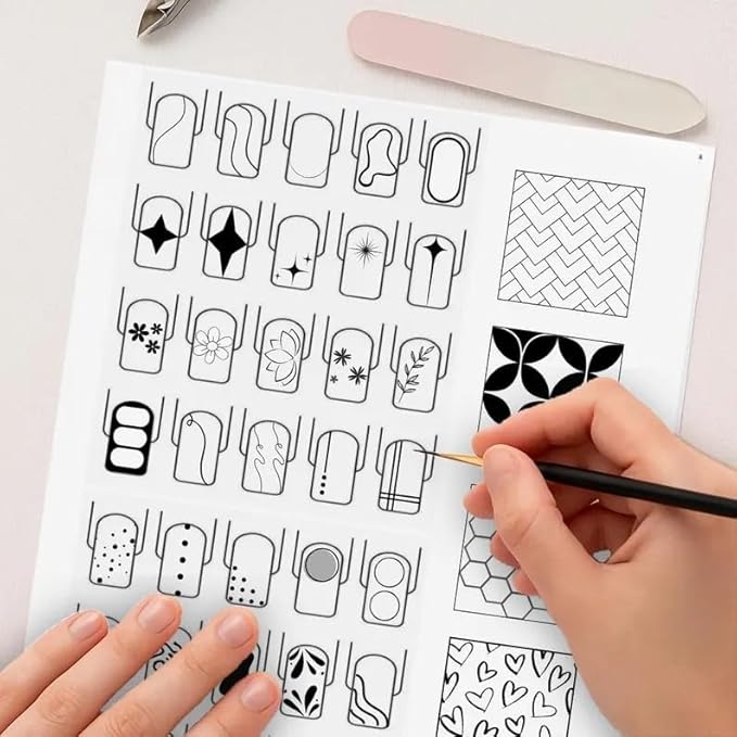 Gel & Acrylic Nail art Practice Sheet,Reusable Nail Art Training mat DIY Sticker Stencil Guide French Tip stiletto Nail Sculpting 3D Nail Design Worksheet Nail Tech Practice Gel X acrylic nails (18)