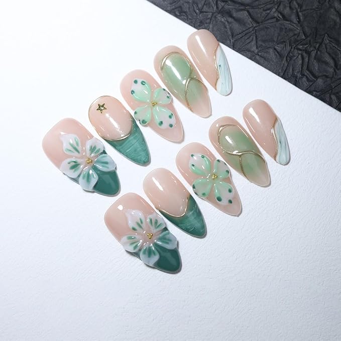 10 Medium Almond Handmade Press On Nails | Coquette Aesthetic Green Ombre Fake Nails with 3D Floral, Gold Line Art & Star Accents | Easy Apply & Remove, Reusable Salon Quality Nails (5U09, S)