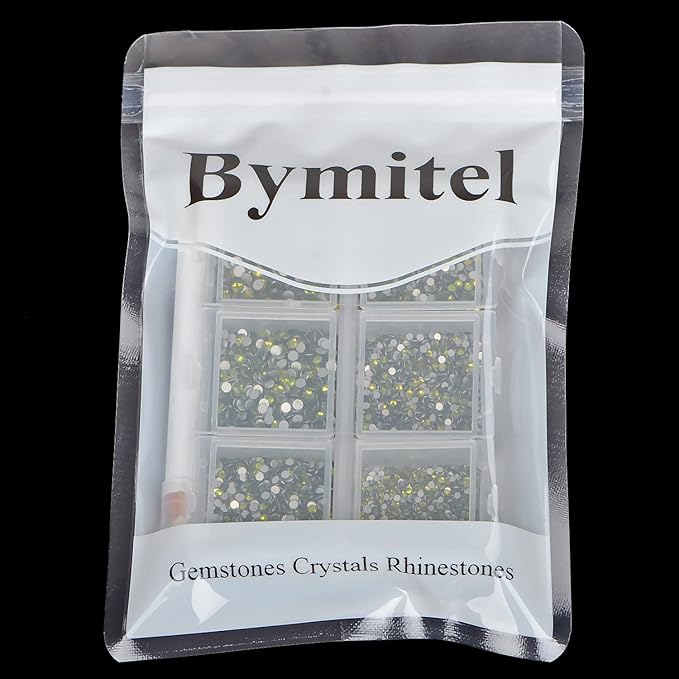 Bymitel 7200 Pieces 6 Mixed Sizes Glue Fix on Glass Rhinestones Round Crystal Gems Flatback for DIY Jewelry Making with one Picking Pen(6-Sizes 7200PCS, Olivine)