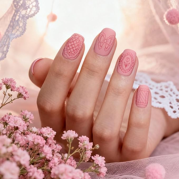 PH PandaHall 120 Patterns Dreamy Pillows Nail Stamping Plates 3pcs Heart Bow Collars Nail Art Templates Lace Ribbon Nails Art Design with Stamper and Scrapers for Women Manicures Salon DIY Printing