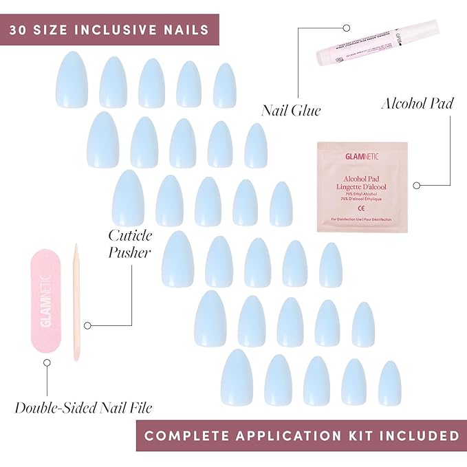 Glamnetic Press On Nails - Blueberry Milk Fake Nails | Solid Opaque Light Blue Short Almond Nails, Salon Quality | 15 Sizes - 30 Nail Kit with Glue