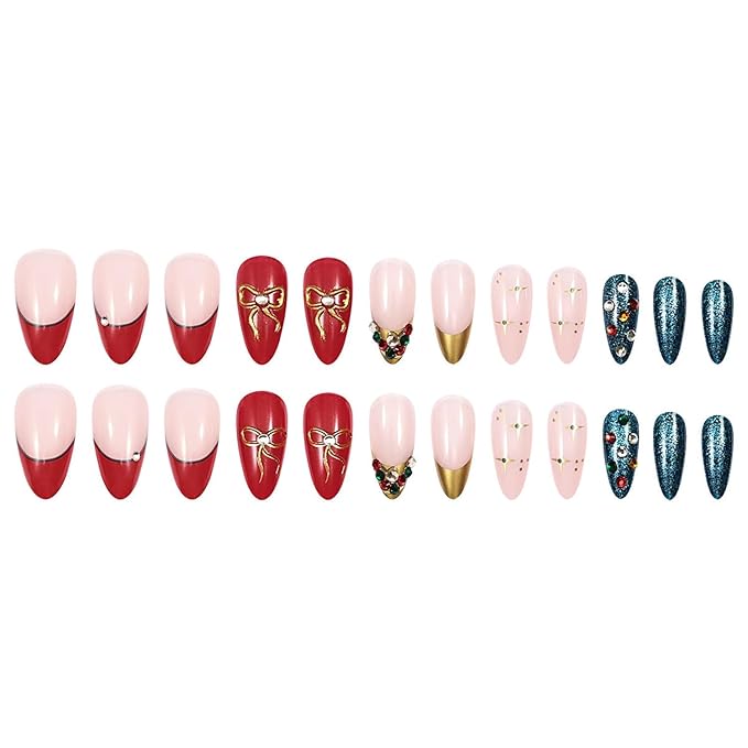 Christmas Press on Nails Medium Almond MABKJLF French Tip Fake Nails False Nails with Bow Rhinestones Glitter Designs Glossy Glue on Nail Winter Full Cover Acrylic Nails for Women Girls 24Pcs