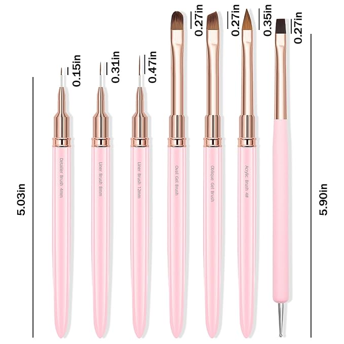 WOKOTO 7 Pcs Pink Nail Brushes For Acrylic Nails Brushes Painting Detail Nail Brushes For Nail Art Tools Dotting Drawing Tools Fine Line Nail Liner Acrylic Brushes For UV Gel Nails Polish Brushes