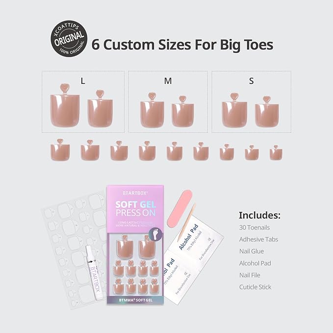 BTArtbox Press On Toenails - Sharp Square Pearl Chrome Toe Nail Press Ons with Glue for Women, Opaque Fake Toe Nail Tips in 15 Sizes - 30 Toenails Kit, Silky Shine