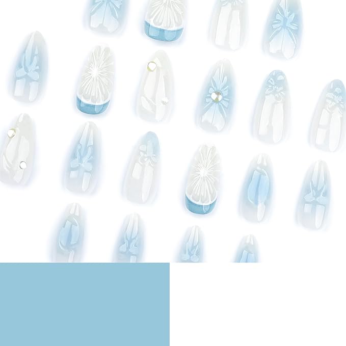Medium Press on Nails Almond Fake Nails with 3D Lemon Design Blue Ombre Full Cover Stick on False Nails for Women Manicure 24Pcs