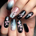 24Pcs Medium Press on Nails Coffin Shaped Fake Nails with Designs Black Gradient Nails Press ons Full Cover Stick on Nails Spring Glue on Nails False Nails for Women Girls Manicure Art