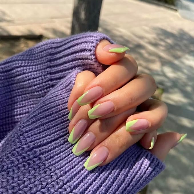 press on nails [24 Pack] Push On Green Beveled French French Nails | Reusable Slides | Thin and Breathable | Comes with Tool Bag | Fingertip Art (Daily, Party, Wedding, Gift)