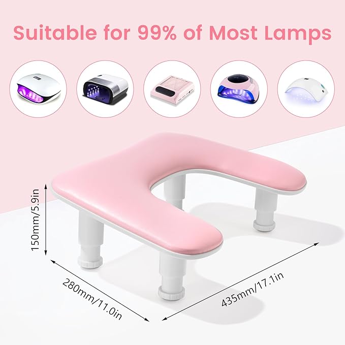 Big Arm Rest for Nails Tech: 2nd Generation U-Shaped Manicure Nail Arm Rest Stand Height Adjustable Armrest Microfiber PU Leather Hand Rest Pillow for Acrylic Nails (Pink)