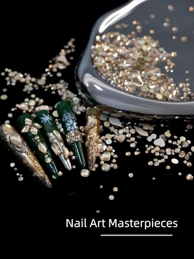 Gold Rhinestones for Nails, 6080Pcs Gold Nail Art Rhinestones Kit, 3D Flatback Crystals Diamonds for Nail Art Design, Mix Sizes Nail Charms and Gems(Tweezers Included)