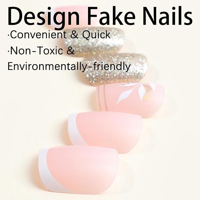 Press on Nails Short Square Fake Nails Leaves False Nails with Designs Gold Glitter Glossy Glue on Nails Full Cover Acrylic Stick on Nail Shiny Artificial Nail for Women Girls Manicure 24Pcs
