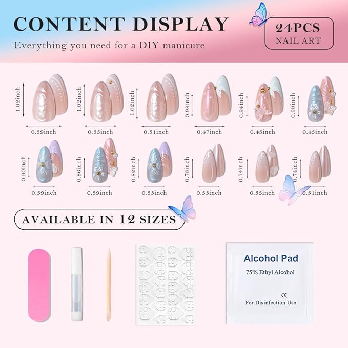 3D Press on Nails Medium Almond with Butterfly Floral Design, Nude Blue Neon French Nail Press ons Glossy Stick on Nails for Women Reusable with Kit, Stick on Cute Fake Nail with Designs Perfectly Fit