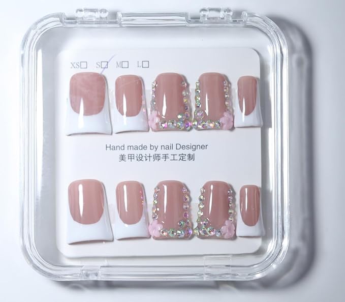 10Pcs Duck-shaped Handmade Press On Nails | French Style with 3D Floral & Rhinestone Decor | Easy to Apply, Remove & Reusable, Salon - Quality (251207, M)