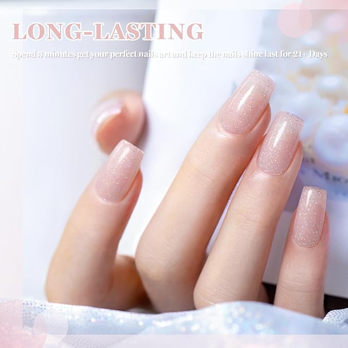RARJSM Nude Light Pink Rainbow Glitter Rubber Base Coat Gel Nail Polish Natural Skin Tone Iridescent Shimmer Brush on Extend Jelly Gelpolish Soak Off Curing Requires 15ml Salon Home French Manicure