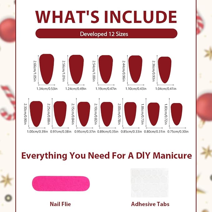 Christmas Motifs Press on Nails Almond Fake Nails Medium Length Nails Press ons with Snowman,Xmas Tree,Candy Cane,Bow Design,Reusable Festive Manicure for Holiday Parties & Winter Celebrations 24Pcs