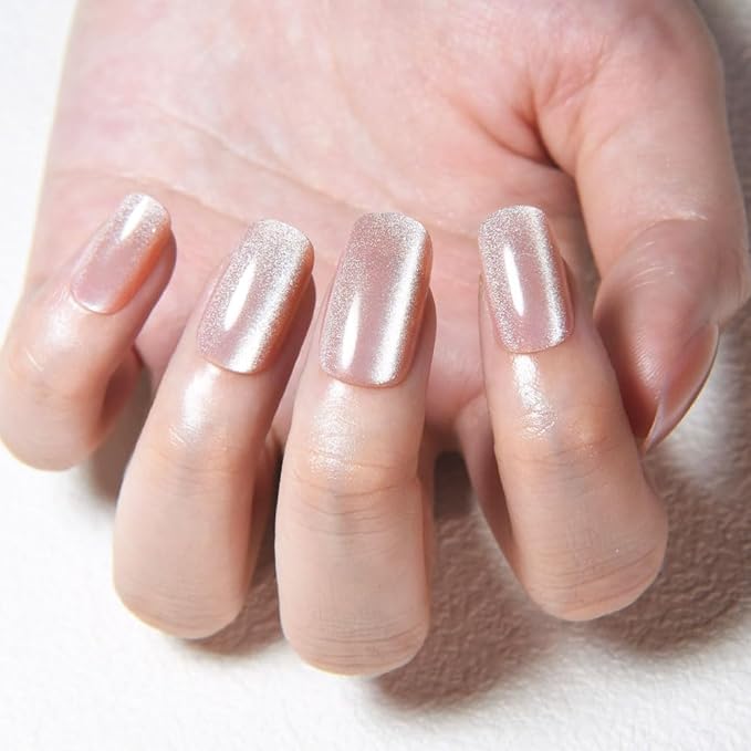 Light Nude Cat Eye Press on Nails Medium Square, Medium Square Press Stick on Nails Chrome for Women Gift, Nude Holographic Glitter Glossy Reusable Soft Gel Acrylic Fake Nail with Cateye Effect Design