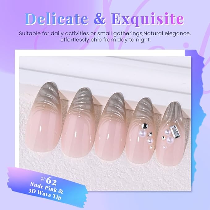 evpct Nude Pink 3D Press on Nails Short Almond with Wave Pearl Design, 3D Wave Tip Stick on Nail for Women Gift, Reusable Full Cover Soft Gel Press on Fake Nail Perfectly Fit with Diamond Design
