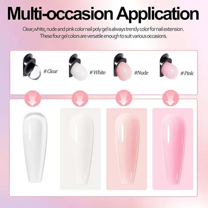 Poly Gel Nail Kit, Clear White Nude Pink Nail Extension Gels with Slip Solution, Dual Nails Forms for Builder Gel, Nail Starter Kit, Home DIY Manicure Set