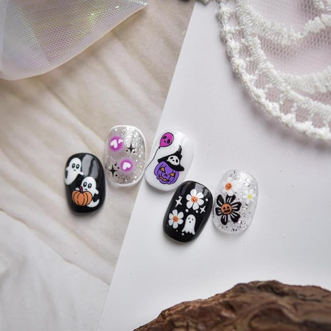 Halloween Nail Stickers 5D Embossed Cute Ghost Nails Designs Flower Nail Supplies 3D Self-Adhesive Colorful Spider Web Nail Decals Balloon Nail Art Decoration for Women Girls DIY Manicure 1 Sheet