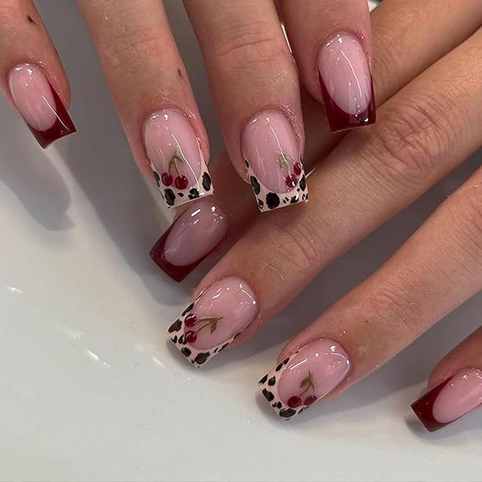 evpct Spring & Summer Press on Nails Medium Square, Cherry Fake Nails Press ons with 3D Pattern Design, Light Weight Perfectly Fit Fake Nails for Women Gift, Fake Nail Kit with Kits Gel, 24Pcs